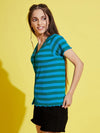 Girls Blue & Green Stripes Front Button Rib Top