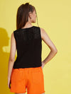 Girls Black Sleeveless Schiffli Yoke Crop Top