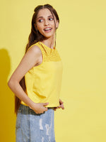 Girls Yellow Sleeveless Schiffli Yoke Top