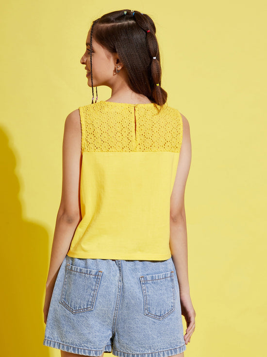 Girls Yellow Sleeveless Schiffli Yoke Top