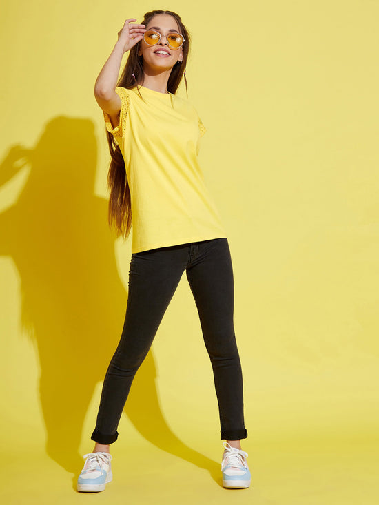 Girls Yellow Schiffli Detail T-Shirt