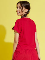 Girls Red Newspaper Pocket Crop T-Shirt