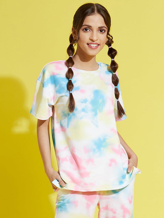 Girls White Tie-Dye Drop Shoulder Knit T-Shirt