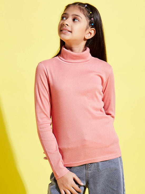 Girls Peach Full Sleeve High Neck Rib Top