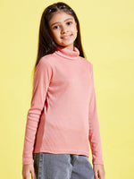 Girls Peach Full Sleeve High Neck Rib Top