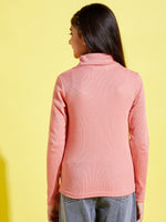 Girls Peach Full Sleeve High Neck Rib Top