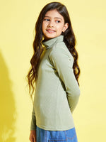 Girls Olive Full Sleeve High Neck Rib Top