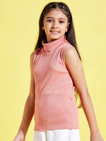 Girls Peach Sleeveless High Neck Rib Top