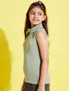 Girls Olive Sleeveless High Neck Rib Top