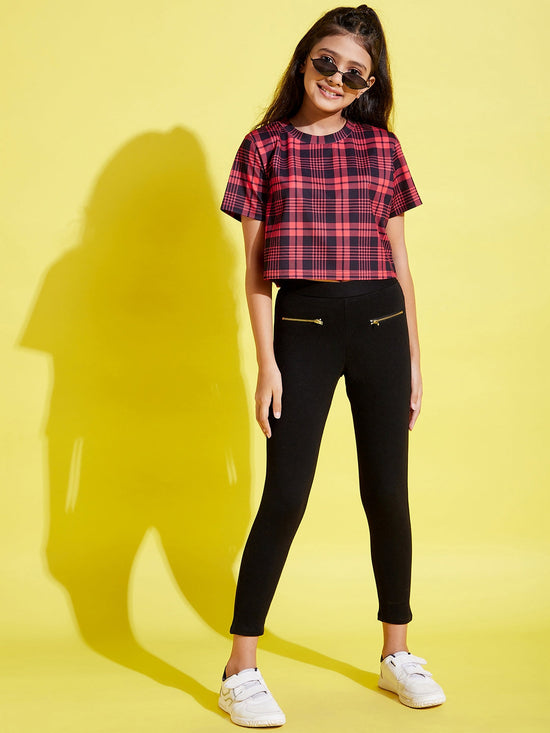 Girls Red & Black Check Print Crop Top