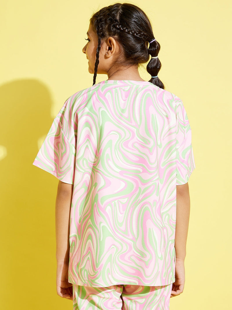 Girls Pink & Green Abstract Waves Knit Drop Shoulder Top
