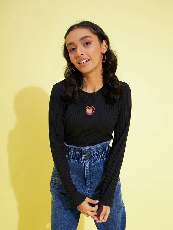 Girls Black Heart Laser Cut Rib Top