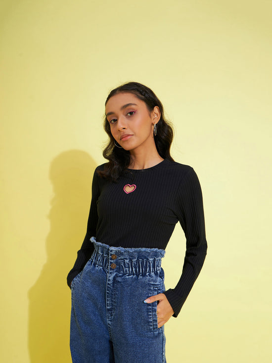 Girls Black Heart Laser Cut Rib Top