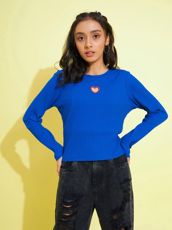 Girls Royal Blue Heart Laser Cut Rib Top