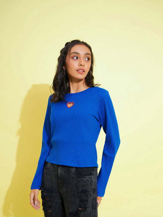 Girls Royal Blue Heart Laser Cut Rib Top