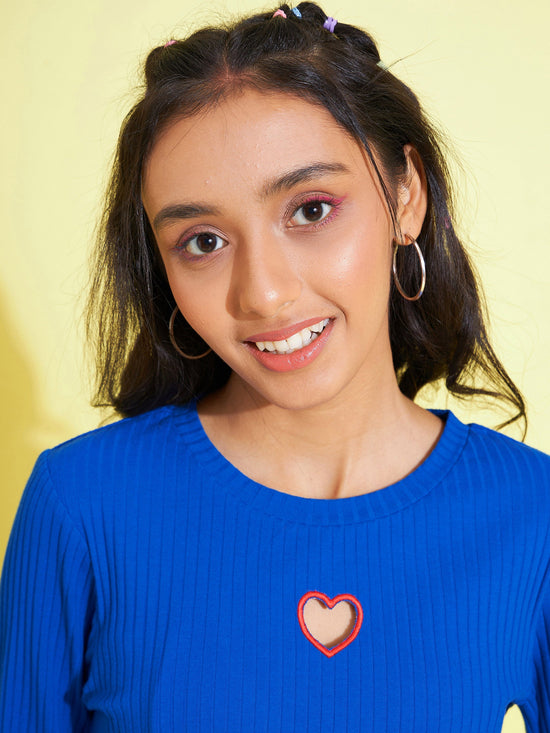 Girls Royal Blue Heart Laser Cut Rib Top