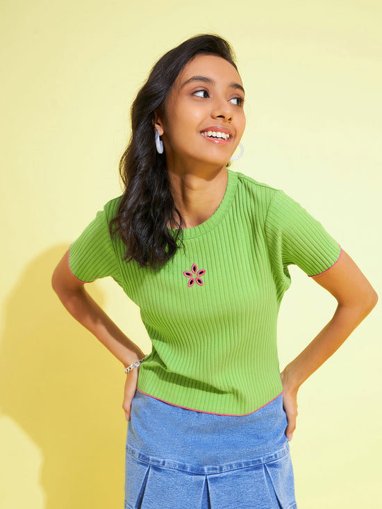 Girls Green Flower Laser Cut Half Sleeve Top