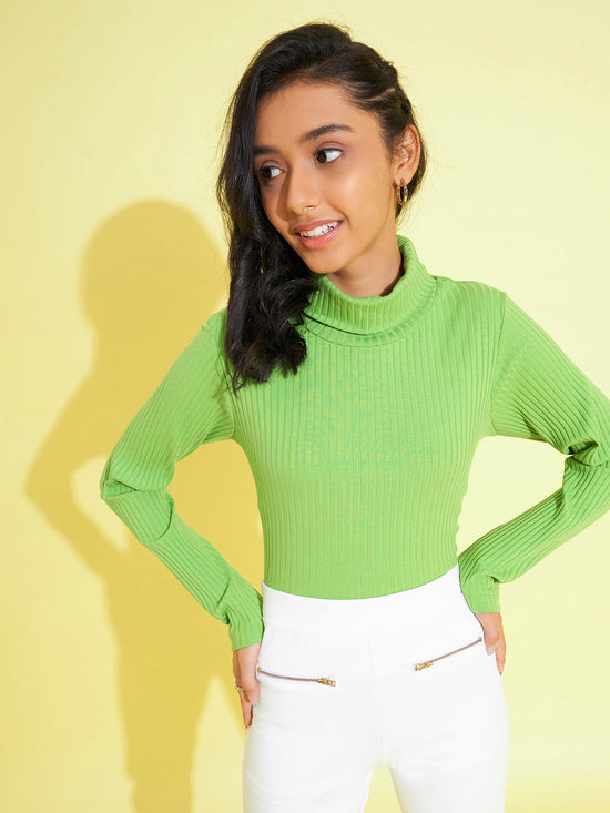 Girls Green Rib Full Sleeves High Neck Top