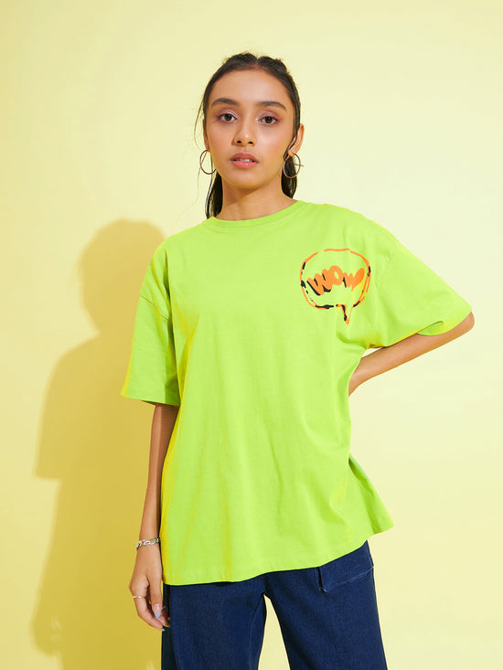 Girls Green Wow Print Oversized T-Shirt