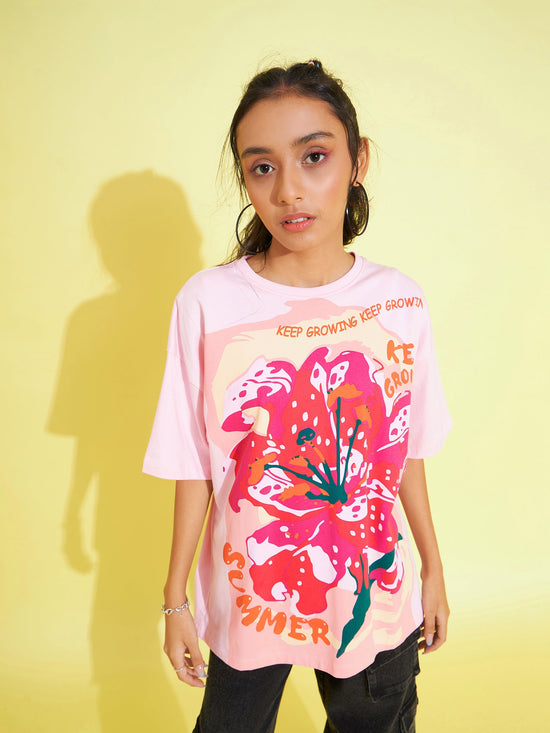 Girls Pink Floral Print Oversized T-Shirt