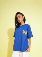 Girls Royal Blue Floral Print Oversized T-Shirt