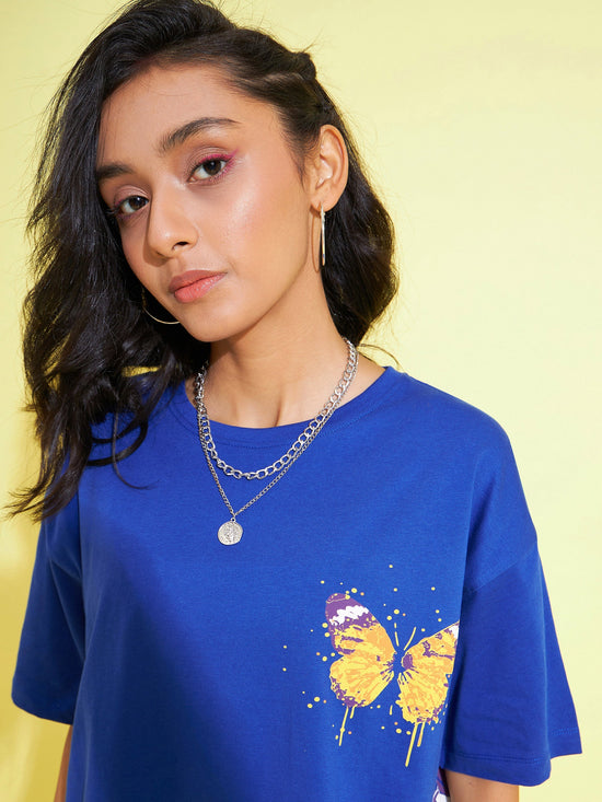 Girls Royal Blue Floral Print Oversized T-Shirt