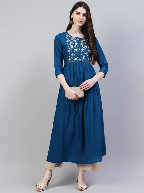 Women's Embroidered Rayon Flared Kurta