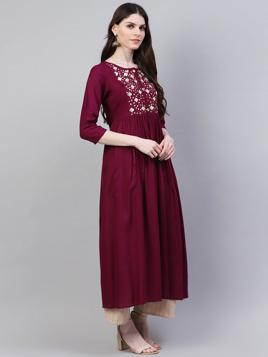 Women's Embroidered Rayon Flared Kurta