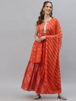 Women's Bandhej printed Cotton Flared short Kurta Sharara Dupatta Set