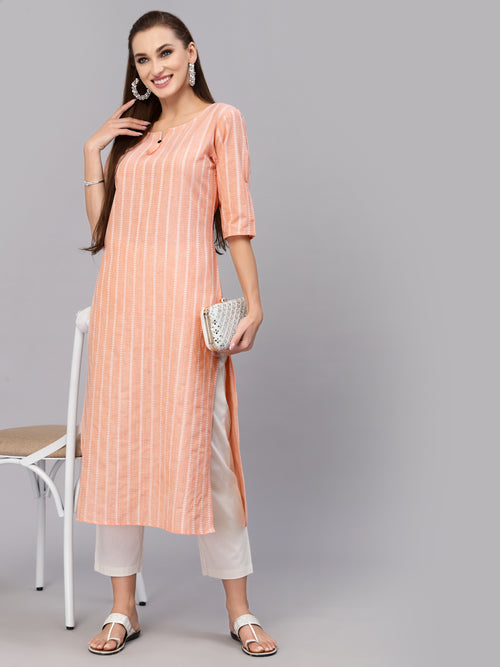 Women's Self Woven Striped Cotton Blend Straight Kurta