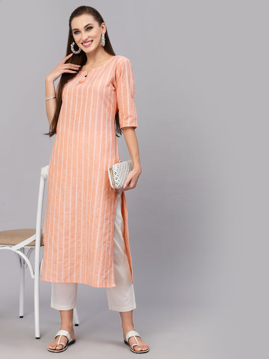 Women's Self Woven Striped Cotton Blend Straight Kurta