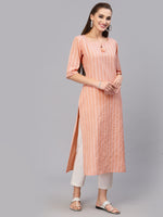 Women's Self Woven Striped Cotton Blend Straight Kurta