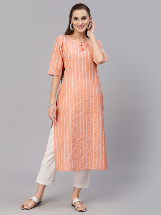 Women's Self Woven Striped Cotton Blend Straight Kurta