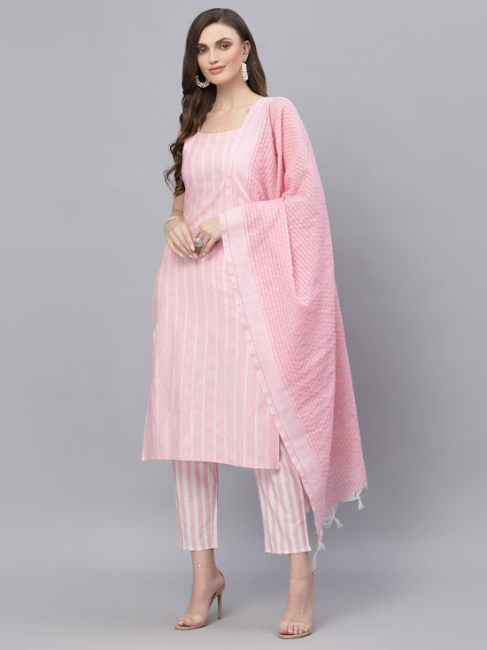 Women's Woven designed Cotton Blend Straight Kurta Pant Dupatta Set