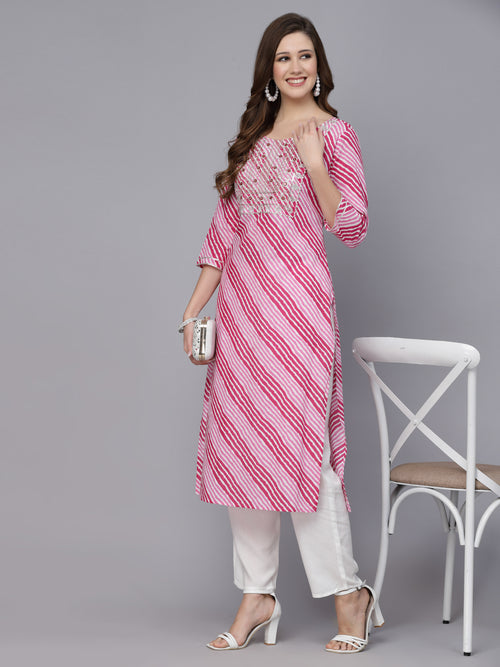 Women's Lehriya Printed & Embroidered Rayon Straight Kurta