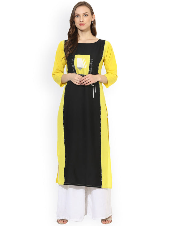 Ahika Women Black Yellow Printed Straight Kurta