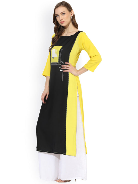 Ahika Women Black Yellow Printed Straight Kurta