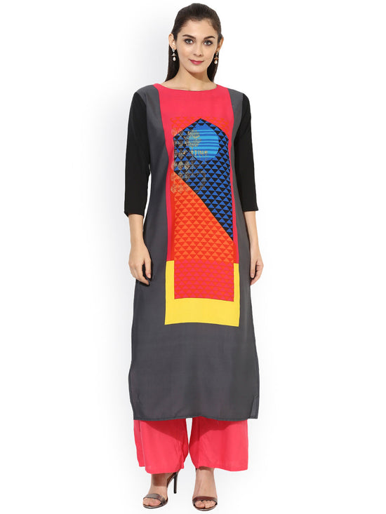 Ahika Women Grey Red Printed Straight Kurta