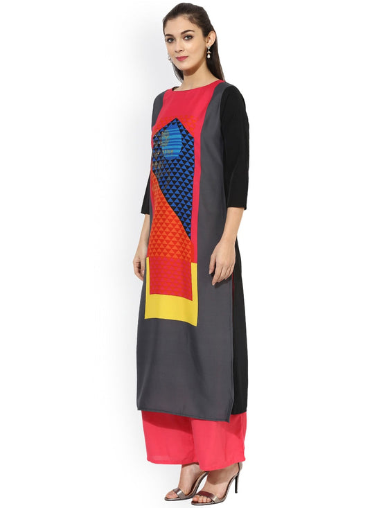 Ahika Women Grey Red Printed Straight Kurta