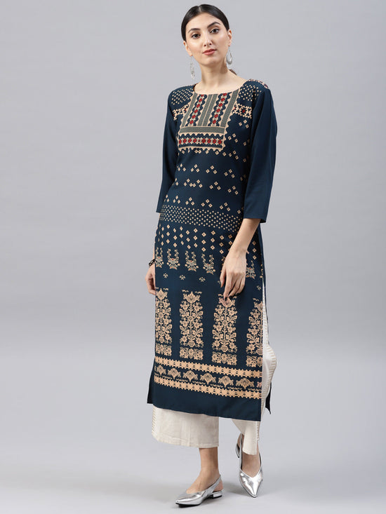 Ahika Women Dark Blue Color Crepe Fabric Fancy Printed A Line Kurta