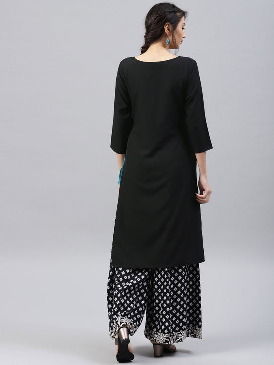 Ahika Women Black Sea Green Printed A Line Kurta