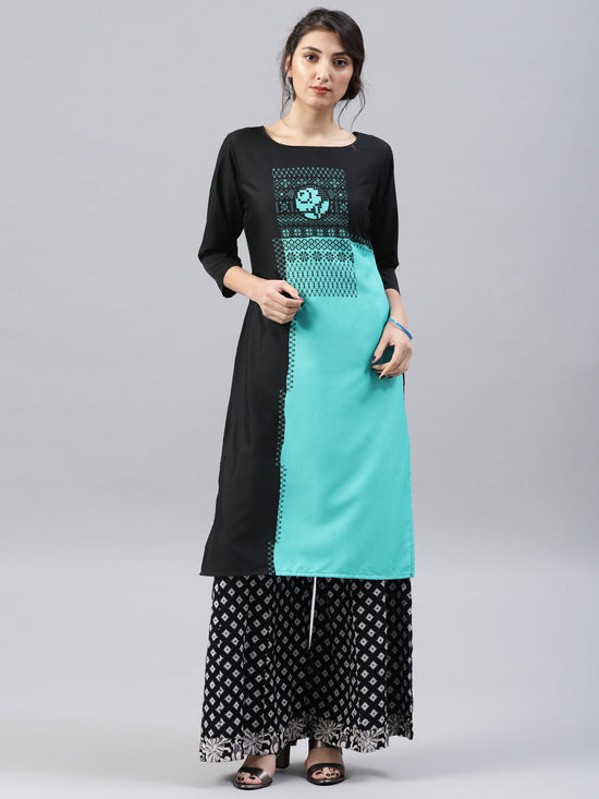 Ahika Women Black Sea Green Printed A Line Kurta