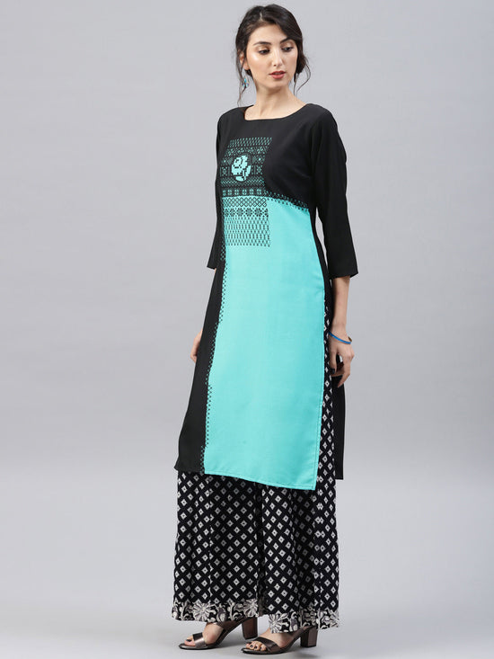 Ahika Women Black Sea Green Printed A Line Kurta