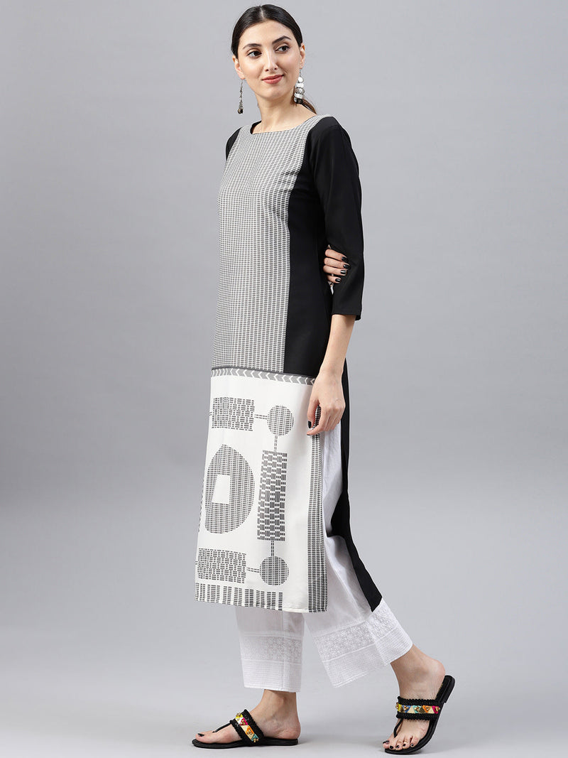 Ahika Women White And Black Color Crepe Fabric Trendy Printed A Line Kurta