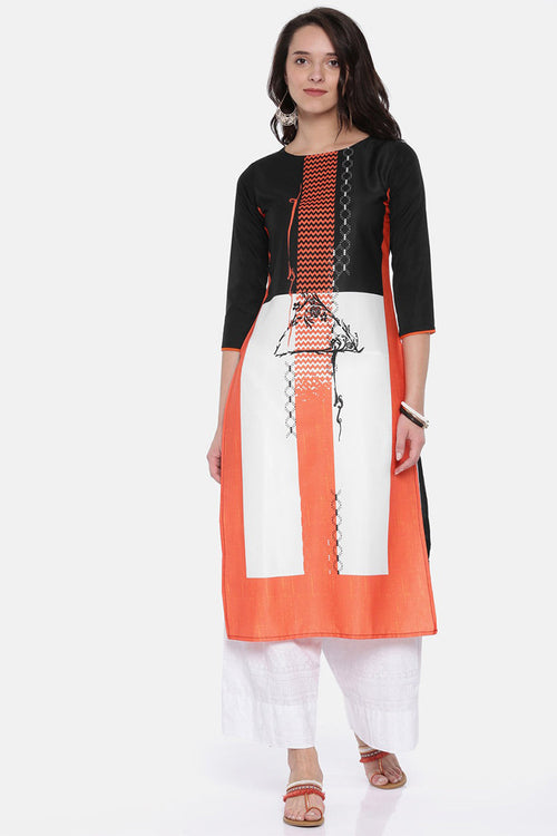 AHIKA Women Orange & Black Printed Straight Kurta