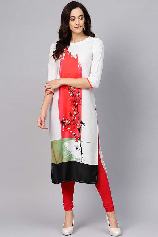 AHIKA Women White & Orange Printed Straight Kurta