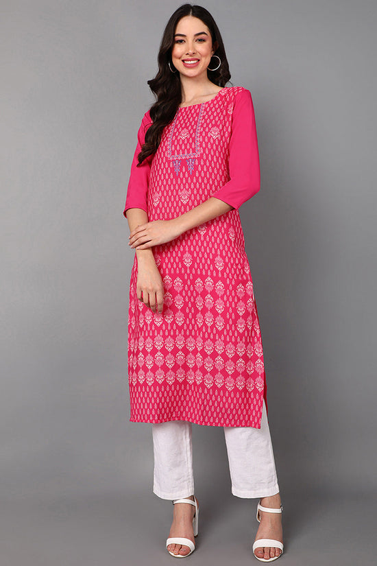 Ahika Women Pink Geometric Printed Keyhole Neck Flared Sleeves Thread Work Kurta