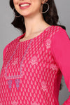 Ahika Women Pink Geometric Printed Keyhole Neck Flared Sleeves Thread Work Kurta