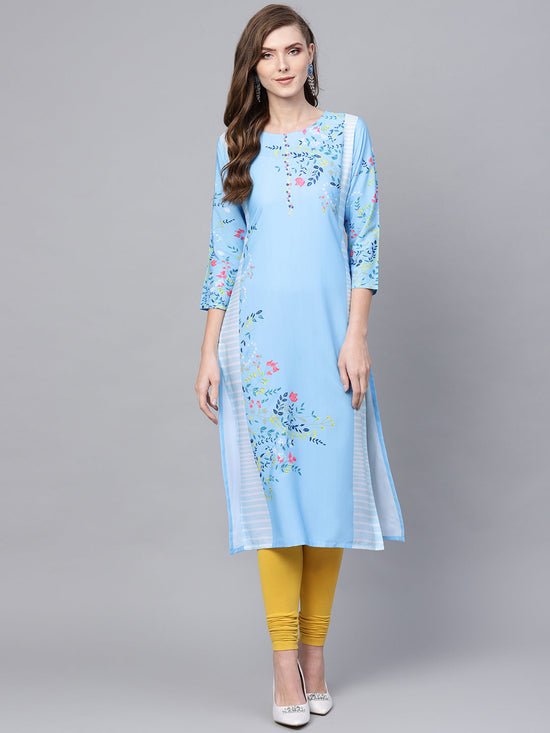 Ahika Women Blue Pink Floral Print Straight Kurta