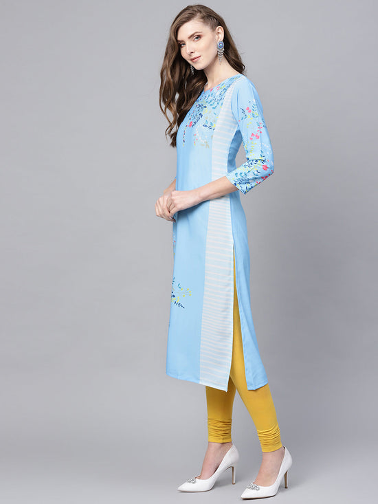 Ahika Women Blue Pink Floral Print Straight Kurta